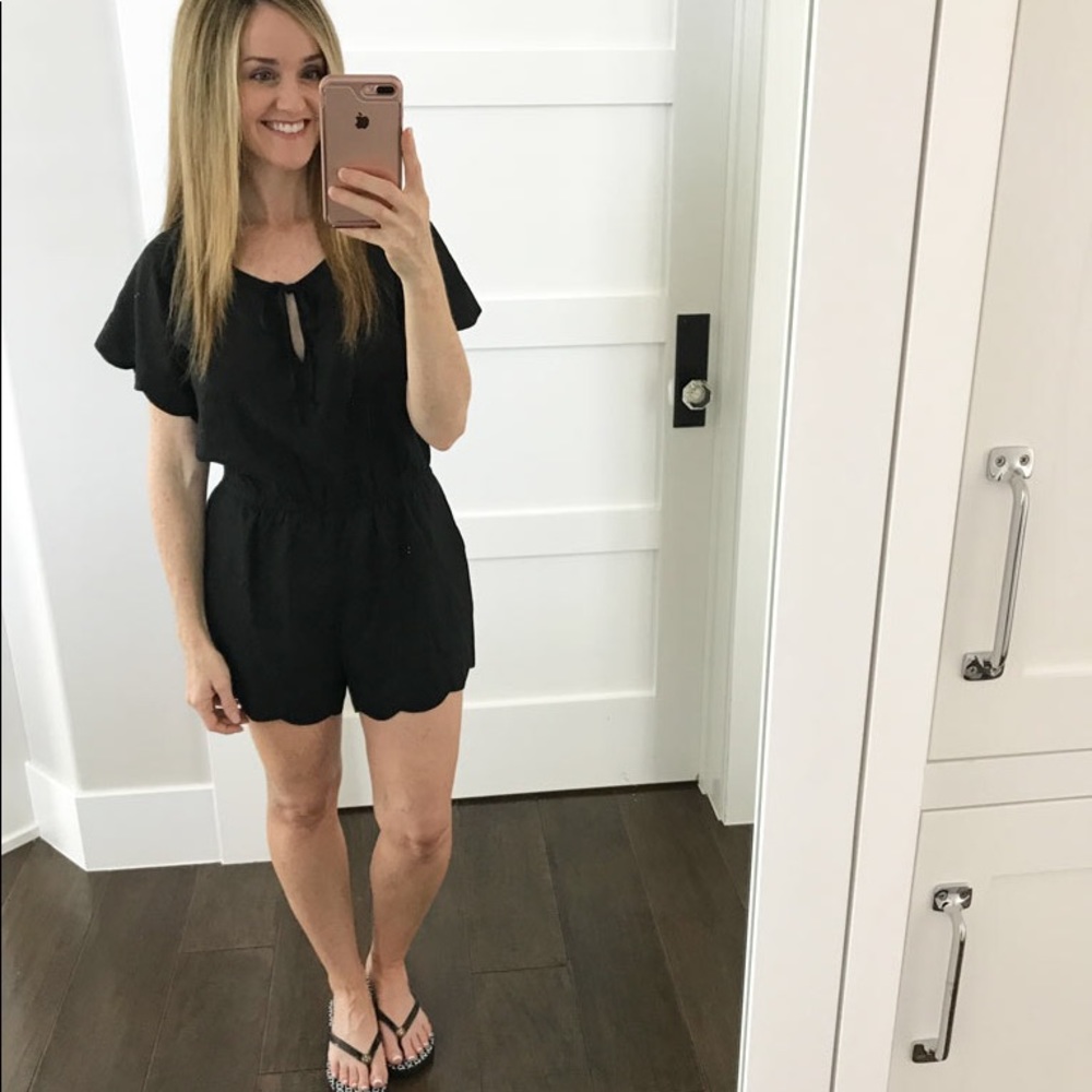 J. Crew Scalloped Hem Romper Linen Blend Neck Tie